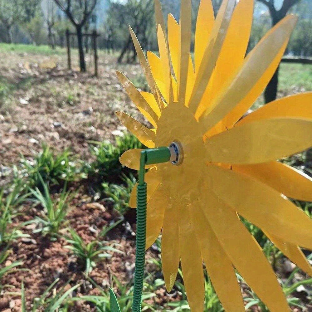 3D Metal Yellow Sunflower Windmill Sculpture Outdoor Garden Lawn Decoration