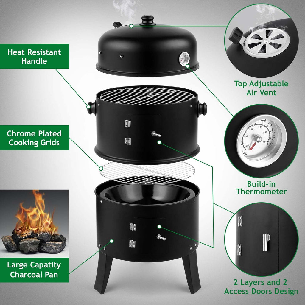 Vertical Charcoal Smoker Grill with 3 Levels, Wood Smoker Grills with Large Cooking Capacity, Easy Temperature Control, And Durable Construction - BlackPortable BBQ Grill for Camping, Outdoor Cooking, Backyard