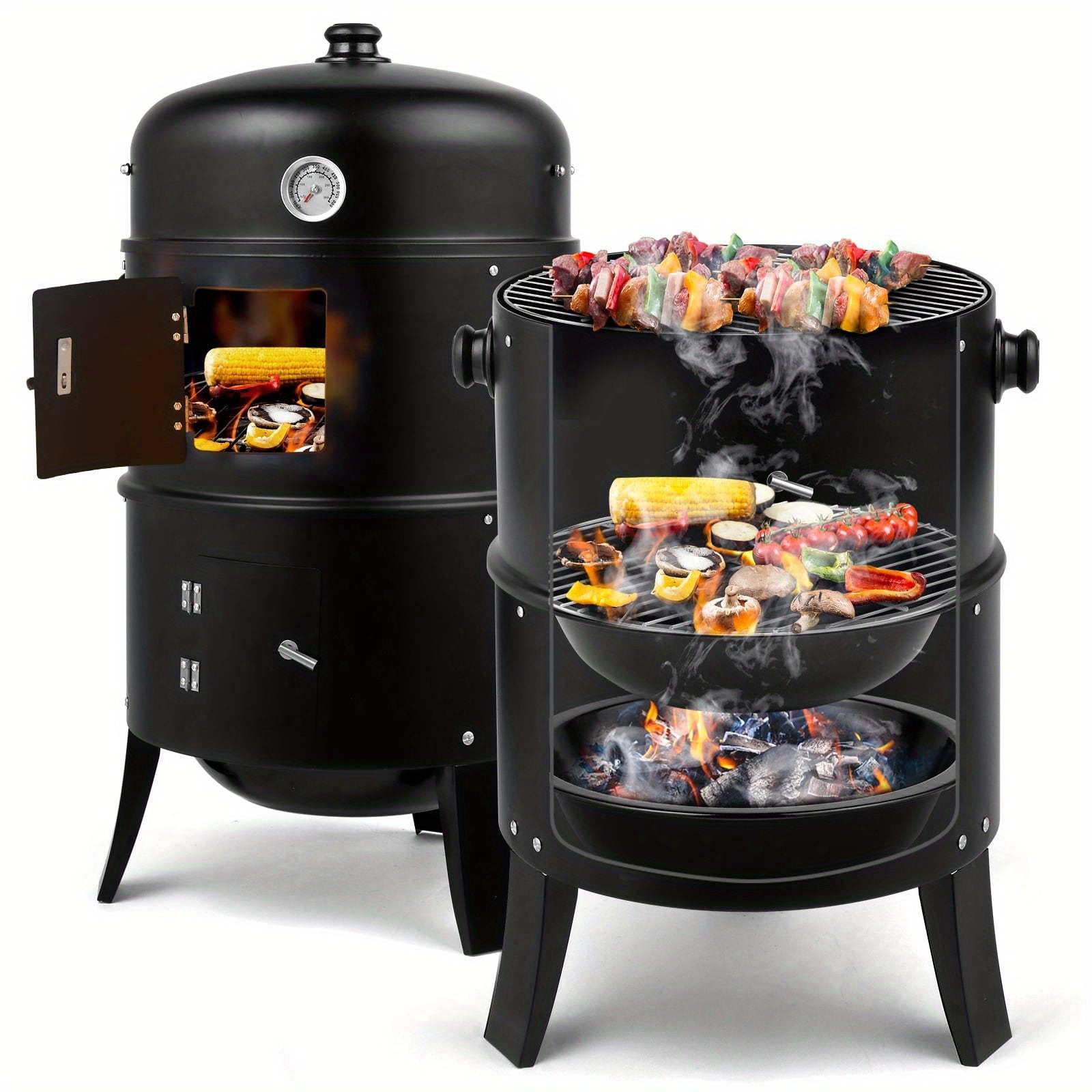 Vertical Charcoal Smoker Grill with 3 Levels, Wood Smoker Grills with Large Cooking Capacity, Easy Temperature Control, And Durable Construction - BlackPortable BBQ Grill for Camping, Outdoor Cooking, Backyard
