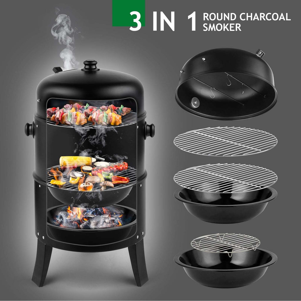 Vertical Charcoal Smoker Grill with 3 Levels, Wood Smoker Grills with Large Cooking Capacity, Easy Temperature Control, And Durable Construction - BlackPortable BBQ Grill for Camping, Outdoor Cooking, Backyard