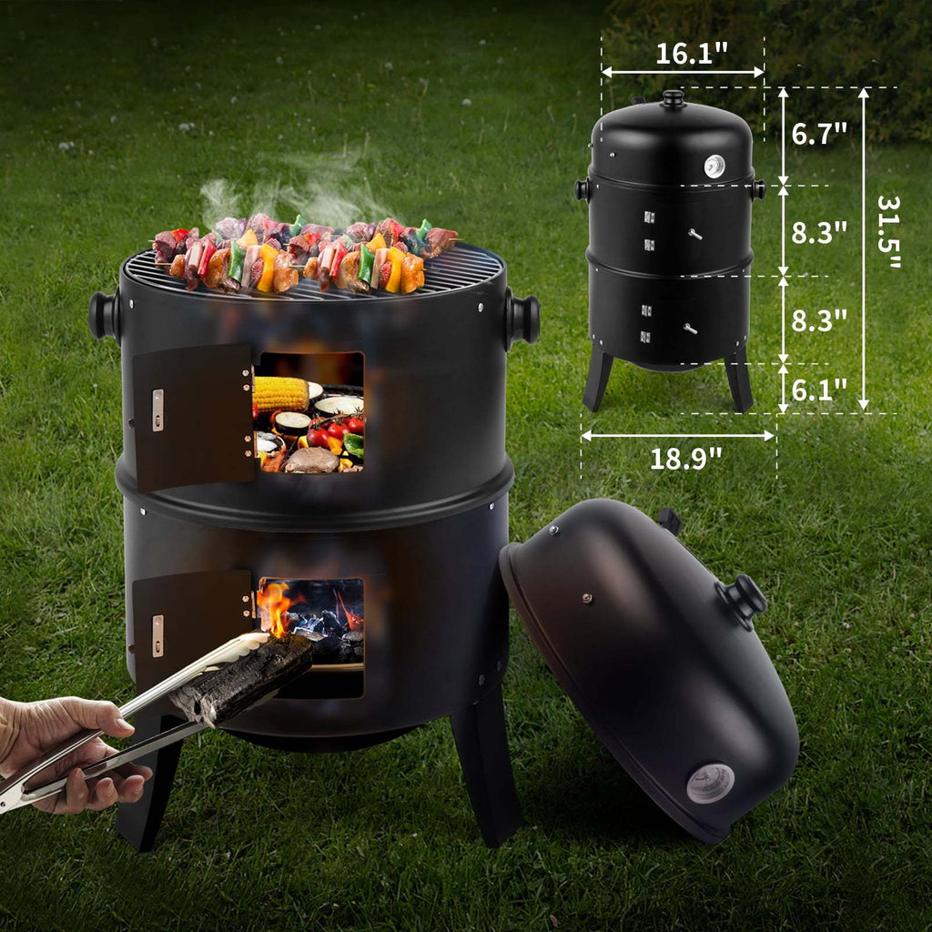 Vertical Charcoal Smoker Grill with 3 Levels, Wood Smoker Grills with Large Cooking Capacity, Easy Temperature Control, And Durable Construction - BlackPortable BBQ Grill for Camping, Outdoor Cooking, Backyard