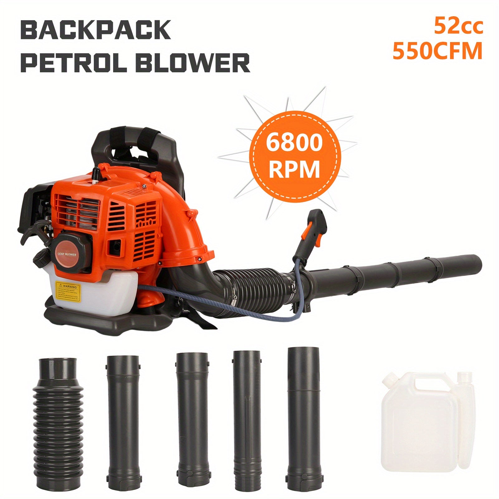 A Backpack Leaf Blower Measuring 17.71 X 16.92 X 14.17 Inches, a Snow Blower with a 52 Cubic Centimeter Engine, a Blower, an Adjustable Tube Pneumatic Dust Collector, And Various Gardening Tools