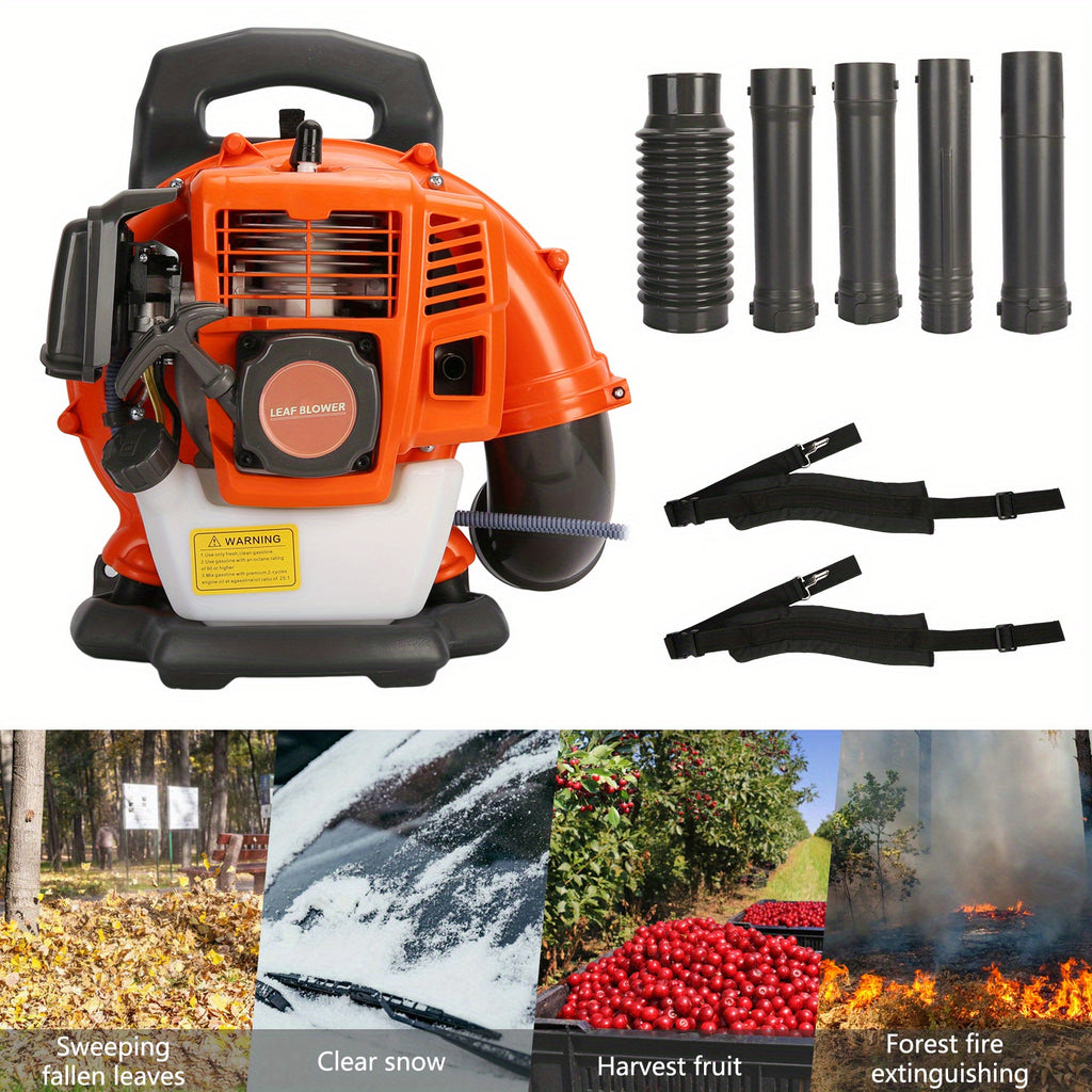 A Backpack Leaf Blower Measuring 17.71 X 16.92 X 14.17 Inches, a Snow Blower with a 52 Cubic Centimeter Engine, a Blower, an Adjustable Tube Pneumatic Dust Collector, And Various Gardening Tools