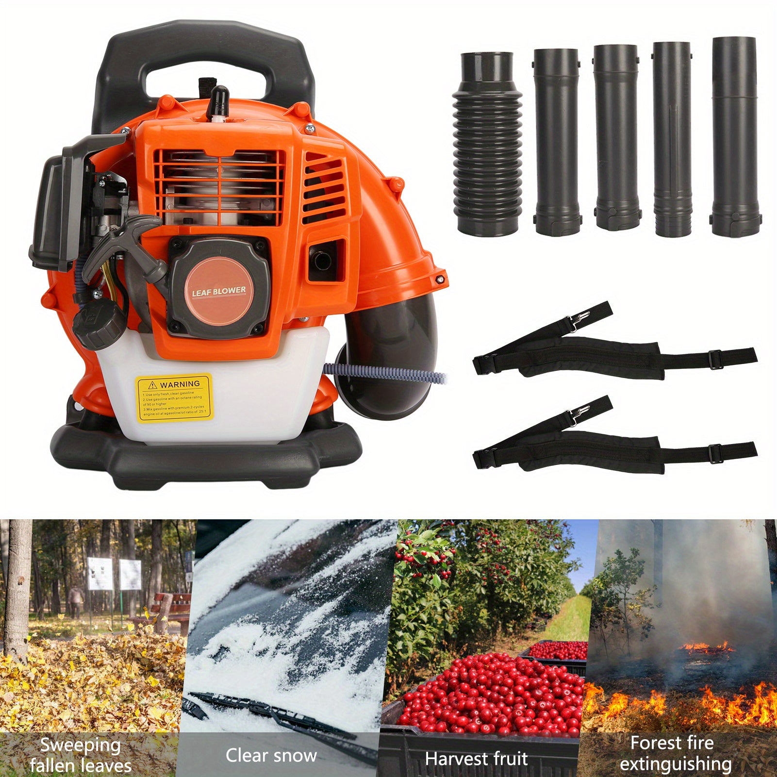 A Backpack Leaf Blower Measuring 17.71 X 16.92 X 14.17 Inches, a Snow Blower with a 52 Cubic Centimeter Engine, a Blower, an Adjustable Tube Pneumatic Dust Collector, And Various Gardening Tools