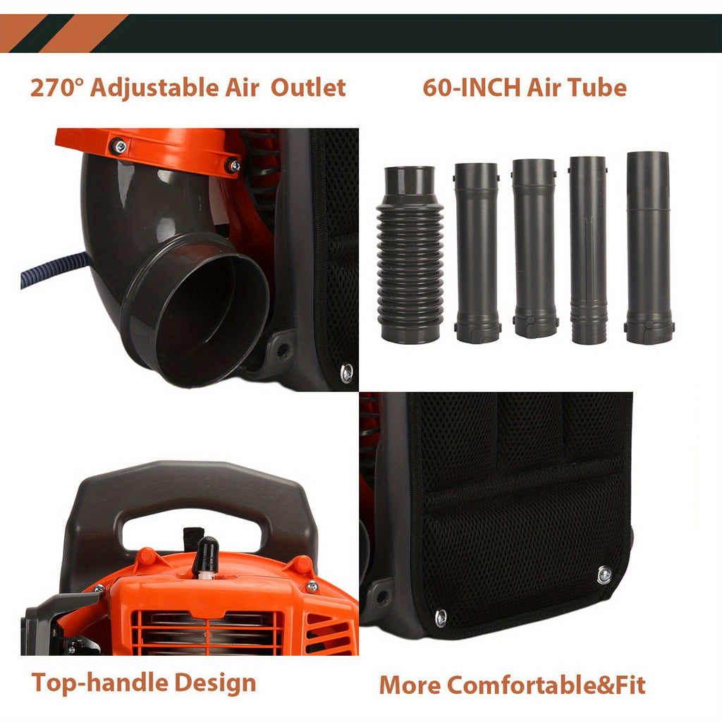 A Backpack Leaf Blower Measuring 17.71 X 16.92 X 14.17 Inches, a Snow Blower with a 52 Cubic Centimeter Engine, a Blower, an Adjustable Tube Pneumatic Dust Collector, And Various Gardening Tools
