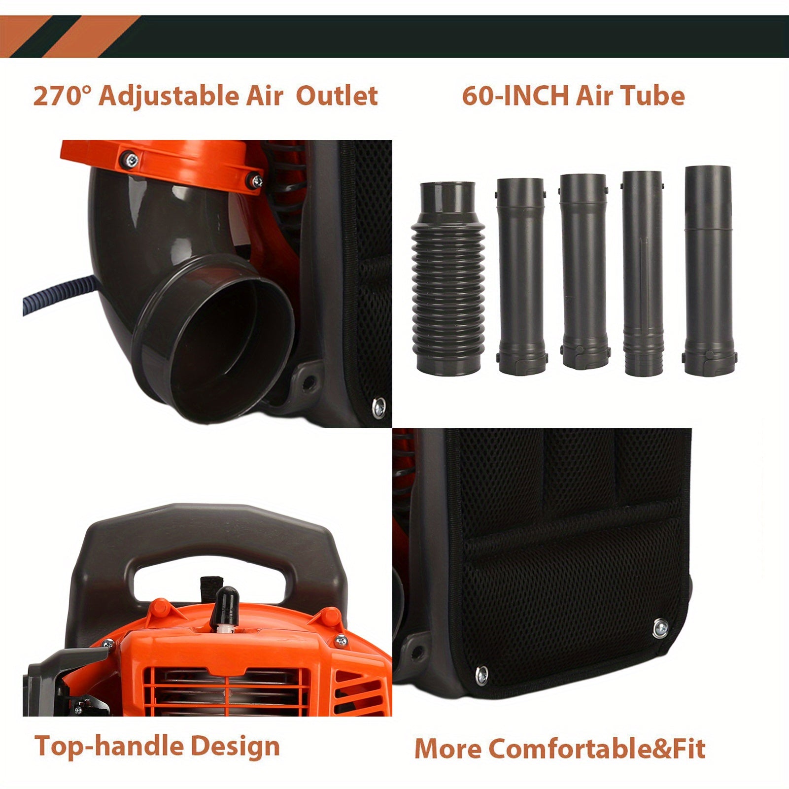A Backpack Leaf Blower Measuring 17.71 X 16.92 X 14.17 Inches, a Snow Blower with a 52 Cubic Centimeter Engine, a Blower, an Adjustable Tube Pneumatic Dust Collector, And Various Gardening Tools