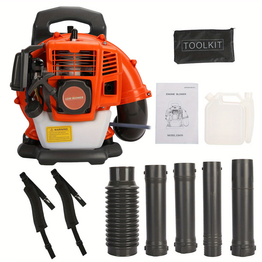 A Backpack Leaf Blower Measuring 17.71 X 16.92 X 14.17 Inches, a Snow Blower with a 52 Cubic Centimeter Engine, a Blower, an Adjustable Tube Pneumatic Dust Collector, And Various Gardening Tools