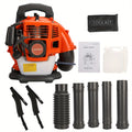 A Backpack Leaf Blower Measuring 17.71 X 16.92 X 14.17 Inches, a Snow Blower with a 52 Cubic Centimeter Engine, a Blower, an Adjustable Tube Pneumatic Dust Collector, And Various Gardening Tools