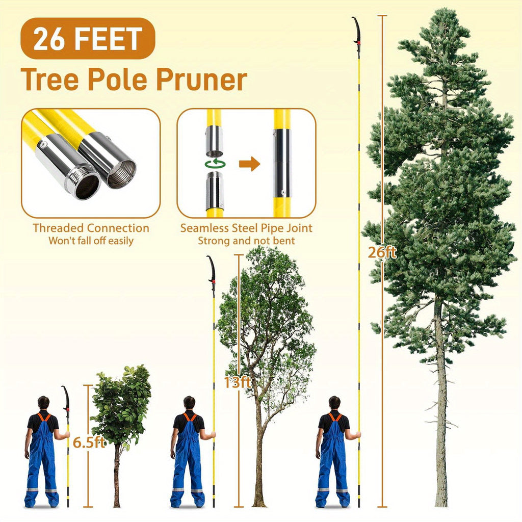 26Ft Pole Saws for Tree Trimming 2 IN 1 Manual Pole Saw Extendable Tree Pruner, Yellow