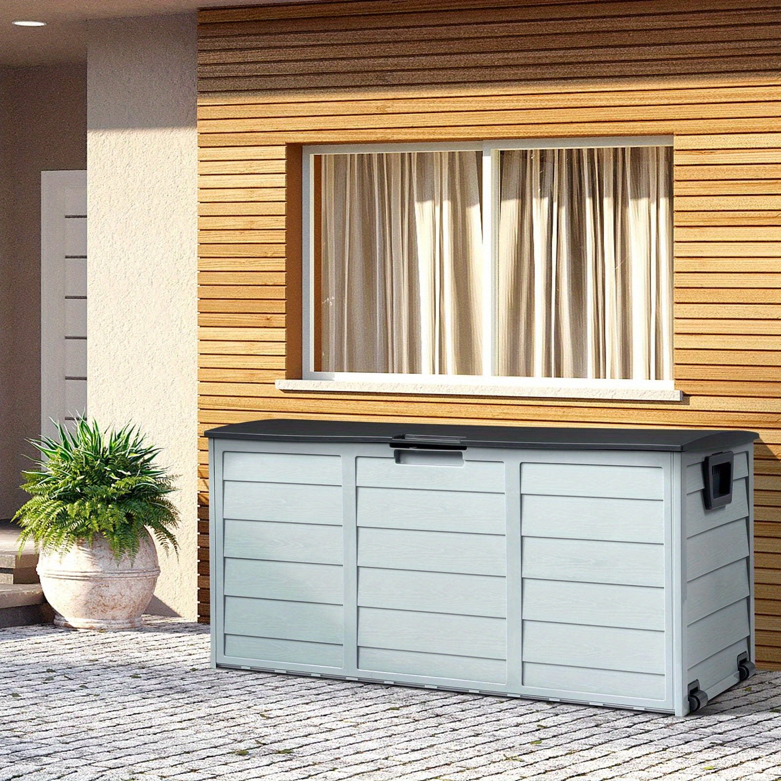 75 Gallon Resin Outdoor Deck Box, 75 Gallon Patio Storage Box with Side Handles, Lockable Storage Containers for Patio Furniture Cushions, Pool Additions, Garden Tools Black/ Brown/ Gray/ Blackandgray, Box, Cabinet, Rack for Outdoor Storage, Box
