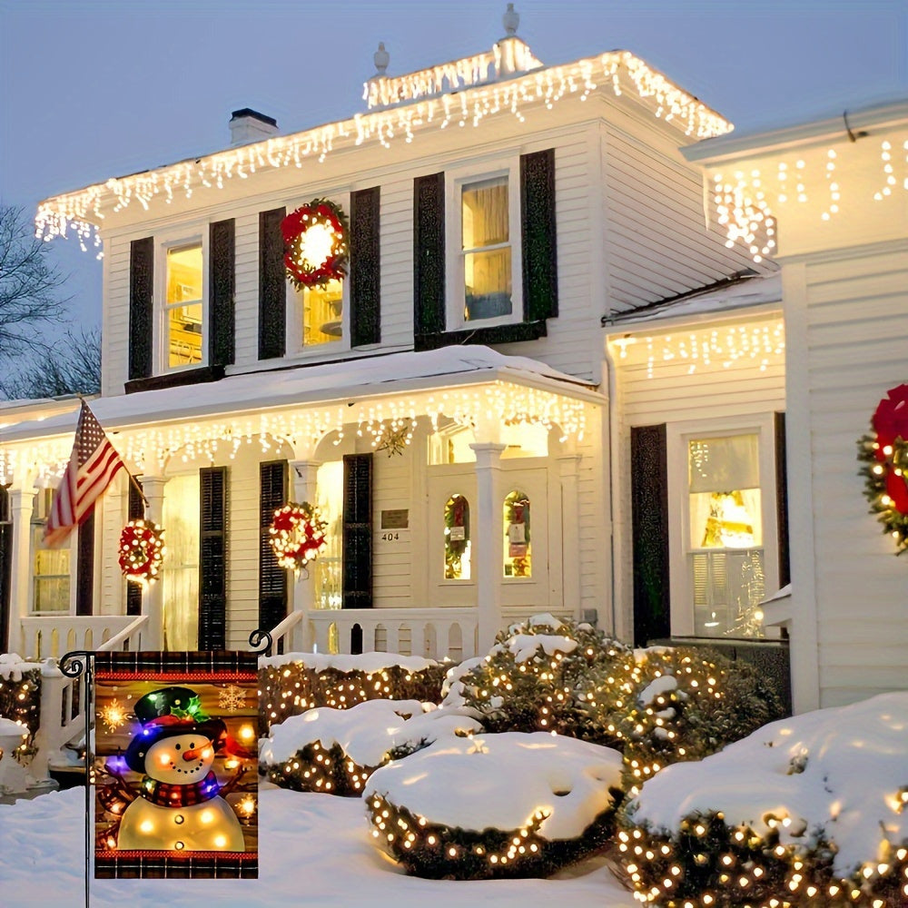 A Delightful Winter Garden Flag Featuring a Charming Snowman, Measuring 12X18 Inches, Designed for Outdoor Courtyard Decoration; It Is Double-Sided And Made of Durable Polyester