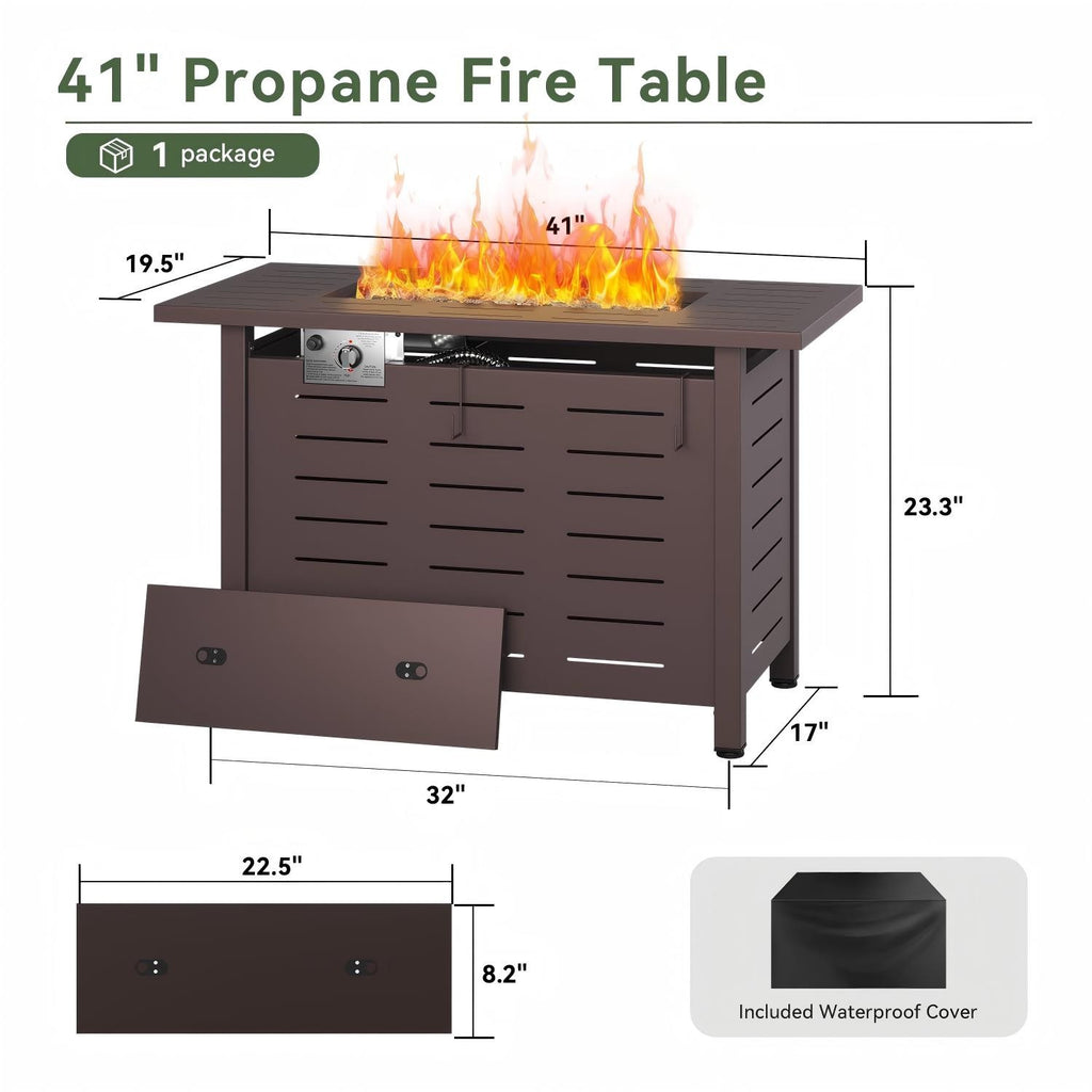 40 inch Propane Fire Pit Table Outdoor - 50,000 BTU Gas Fire Table with Lid & Rocks, Waterproof Cover Metal Clearance Firepit for Patio, Backyard, Deck (Rectangular Steel, 40"/44", Black/Brown)