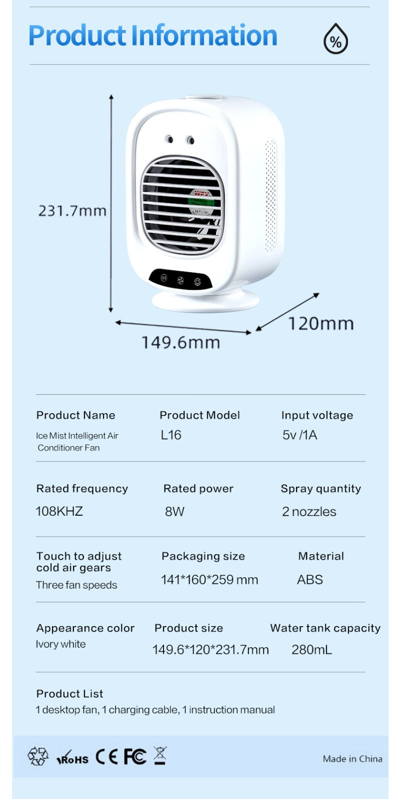 Portable Cooling Fan with a 6000Mah Misting Feature, USB-C Charging, Two Speed Settings And Two Mist Modes (Continuous/Intermittent), an Integrated Portable Cooling Fan with Cooling Capabilities - USB Rechargeable Fan Suitable for Home, Outdoor