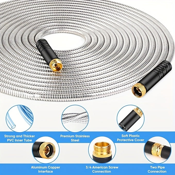 Flexible Metal Garden Hose Featuring a 10-Function Nozzle, Designed to Be Kink-Free, Lightweight, Durable, And Resistant to Crushing, with Easy Coiling And Puncture-Proof Capabilities, Ideal for Yards And Rvs