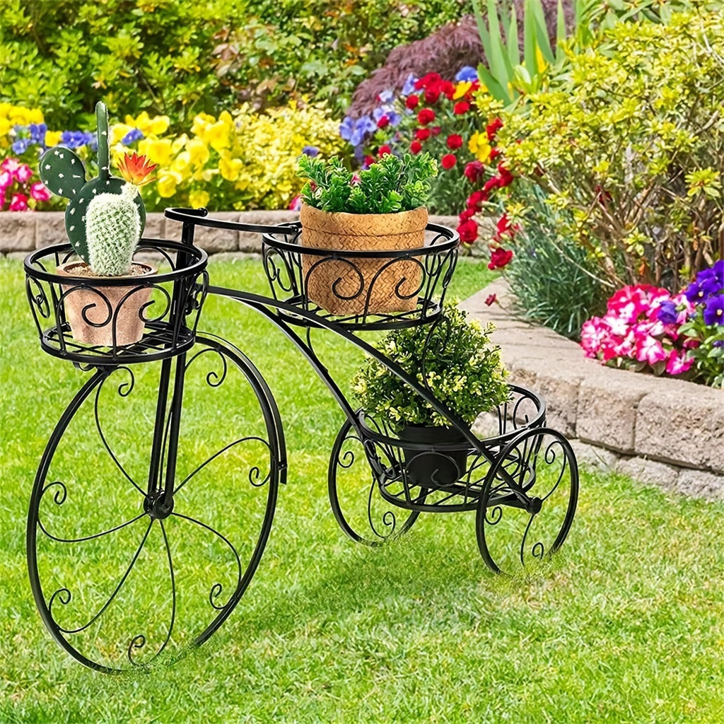 Metal Bicycle Planter 3 Tier Tricycle Flower Plant Stand Parisian Style Flower Display Stand Cart For Home Decor Patio Garden Flower Shop Indoor Outdoor