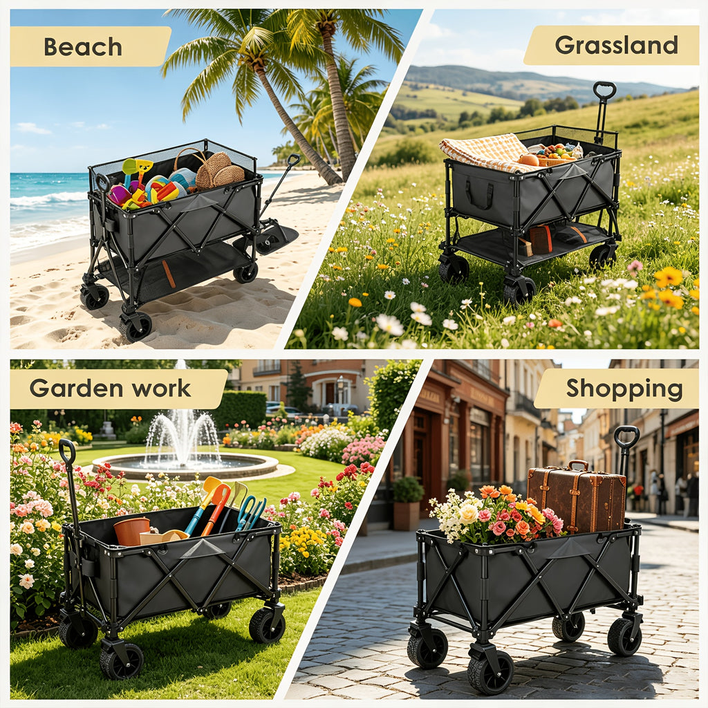 XXL Foldable Double Deck Wagon Cart, 54in Extended Size Collapsible Utility Cart with Tailgate, 8in All-Terrain Large Wheels, Heavy Load Capacity for Camping Beach Sports Grocery