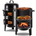 16 Inch 3-Tier Vertical Charcoal Smoker Grill with 2 Free BBQ Tongs, Portable Outdoor BBQ Smoker Grill for Smoking, Grilling & Cooking, Easy Heat Control Charcoal Grill for Camping, Backyard & Patio, Black, Father's Day Gift for Dad, BBQ Lover Gift