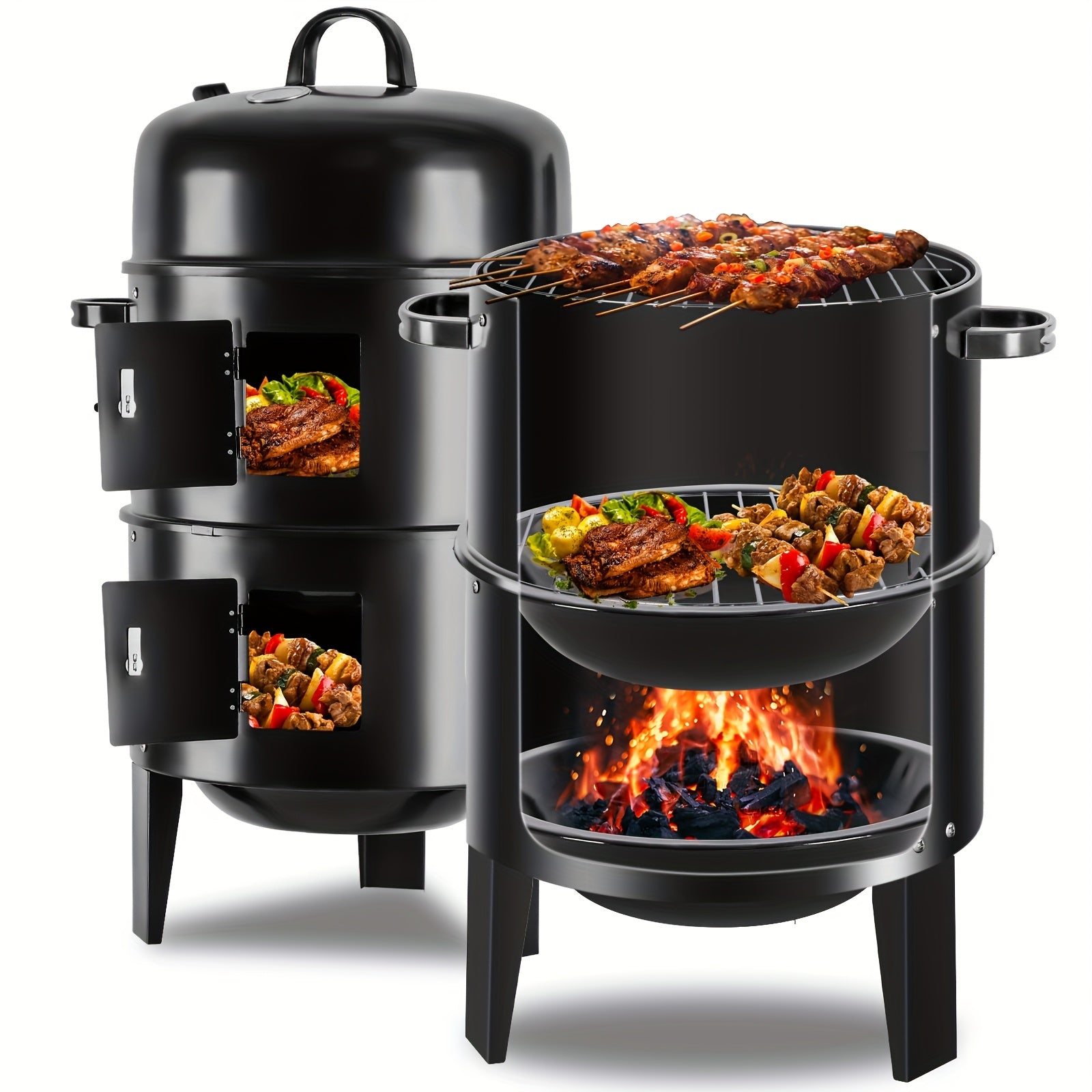 16 Inch 3-Tier Vertical Charcoal Smoker Grill with 2 Free BBQ Tongs, Portable Outdoor BBQ Smoker Grill for Smoking, Grilling & Cooking, Easy Heat Control Charcoal Grill for Camping, Backyard & Patio, Black, Father's Day Gift for Dad, BBQ Lover Gift