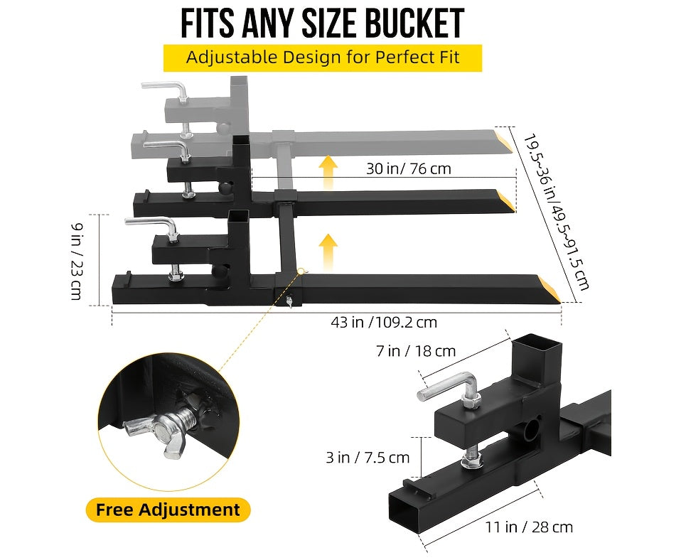 Heavy Duty Pallet Forks with Adjustable Stabilizer Bar, 43" (2500 lbs) Capacity, Connecting Rod for Skid Steer Tractor Loader Bucket - Black, Skid Steer Tractor, Loader Bucket