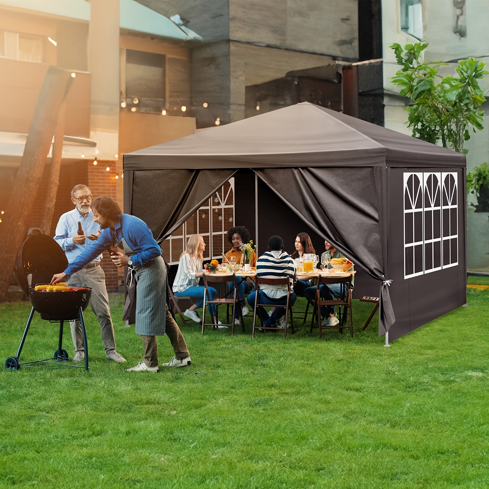 10 X 10Ft Black 4-Sided Pergola PE Cloth Sprayed Iron Pipe Spiral Pipe Various Styles of Pergola Courtyard Can Be Used As Emergency Shelter Tent Charity Donation