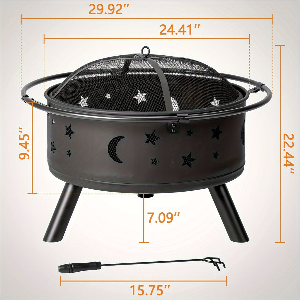LEADZM 30in Round with Carrying Ring Mesh Lid Star And Moon Hole Wood Burning Fire Pit Iron Black