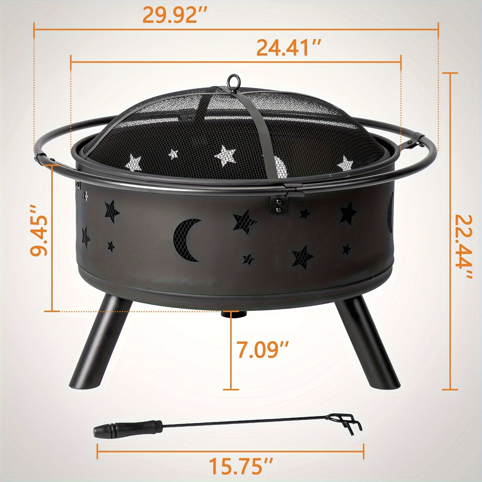 LEADZM 30in Round with Carrying Ring Mesh Lid Star And Moon Hole Wood Burning Fire Pit Iron Black