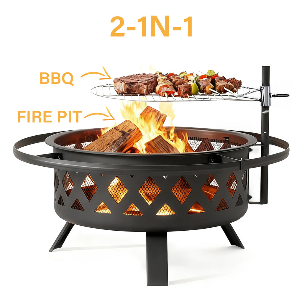Outdoor Fire Pit With Grill, Steel Fire Bowl for BBQ Camping Picnic, Garden Patio Heater Charcoal Log Wood Burner