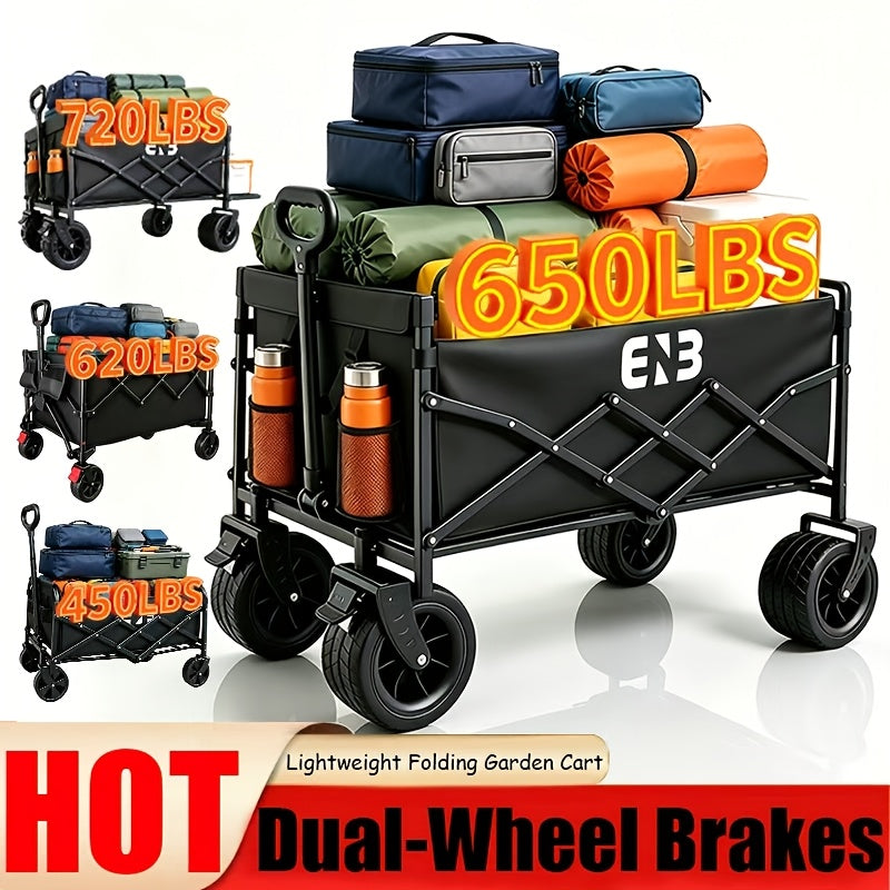 Quiet All-Terrain Folding Multifunctional Shopping Cart, Large Storage Capacity, One-Button Folding for Easy Storage, Black Oxford Fabric with Side Cup Holders, Ideal for Camping, Outings, Gardening, And Heavy-Duty Grocery Hauling