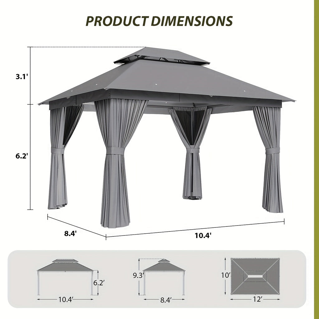 10'x12'/10'x10'/8'x8' Outdoor Gazebo & Pergola for Patio - Double Roof Steel Canopy with Mosquito Net And Privacy Screen, Heavy Duty Party Tent Shelter for Backyard, Lawn, Garden, All-Weather Gazebos with Patio Cover (Grey/Beige/Blue)