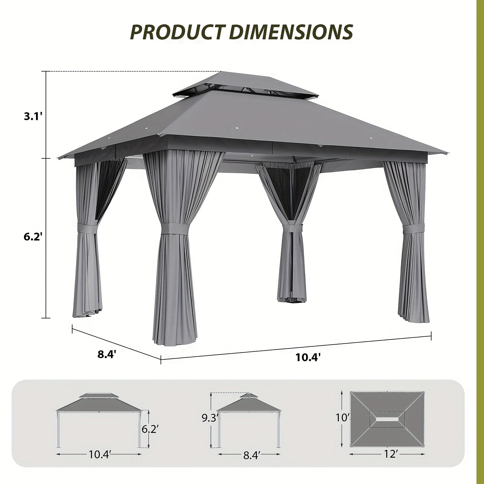 10'x12'/10'x10'/8'x8' Outdoor Gazebo & Pergola for Patio - Double Roof Steel Canopy with Mosquito Net And Privacy Screen, Heavy Duty Party Tent Shelter for Backyard, Lawn, Garden, All-Weather Gazebos with Patio Cover (Grey/Beige/Blue)