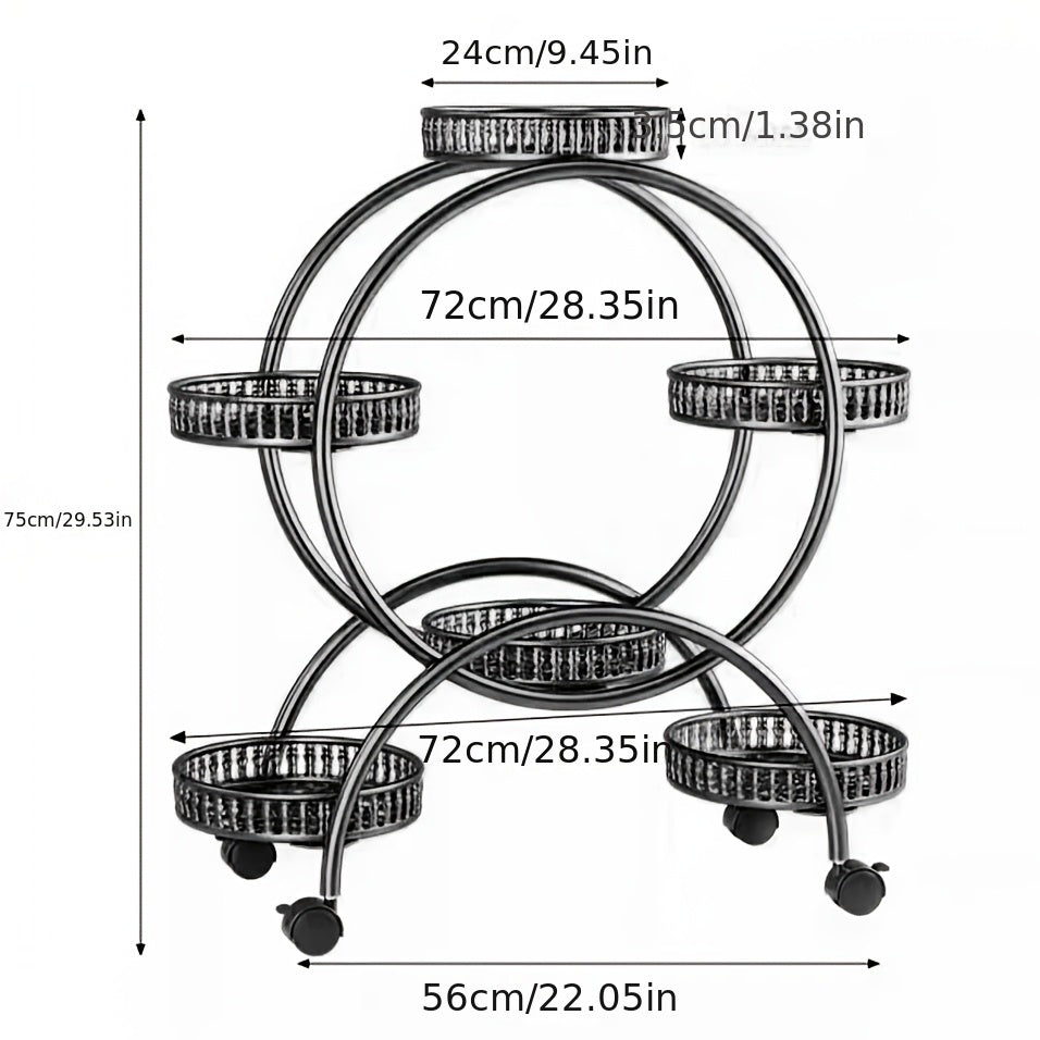 Six-Tiered Black Metal Plant Stand Garden Cart with Wheels for Displaying Flower Pots, Ideal for Home, Patio, Porch, And Balcony Decoration