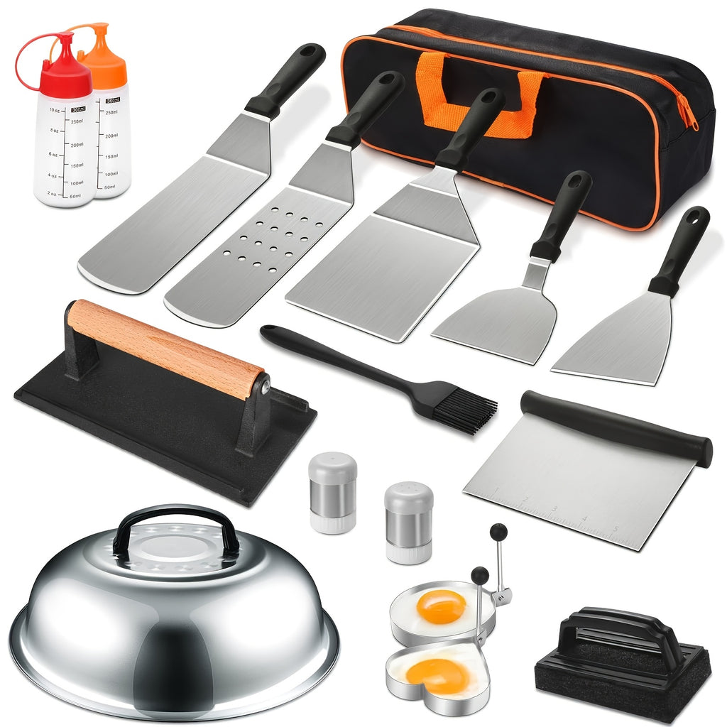 18pcs Griddle Accessory Kit, Flat-top Grill Accessory Set With Burger Smasher, Stainless Steel Spatula Tools, And Grill Cover, Suitable For Outdoor Barbecue Cooking.