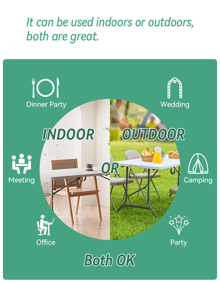 【 4FT/5FT/6FT 】 Folding table with handle and safety lock, easy to set up, with a weight carrying capacity of 330 pounds, suitable for camping, picnicking, parties, and indoor activities, white
