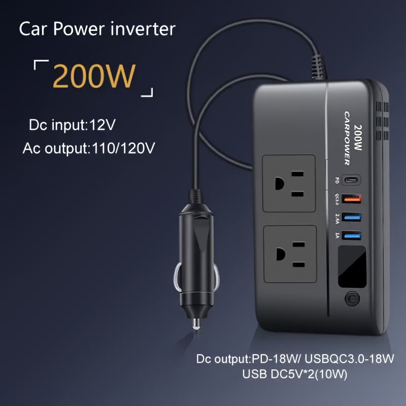 1pc 200W Car Inverter DC 12V to 110V AC Power Inverters for Vehicles with PD 20W USB-C, Dual USB Ports And QC3.0 Fast Charging Ports Car Charger Adapter And with Cigarette Lighter Hole
