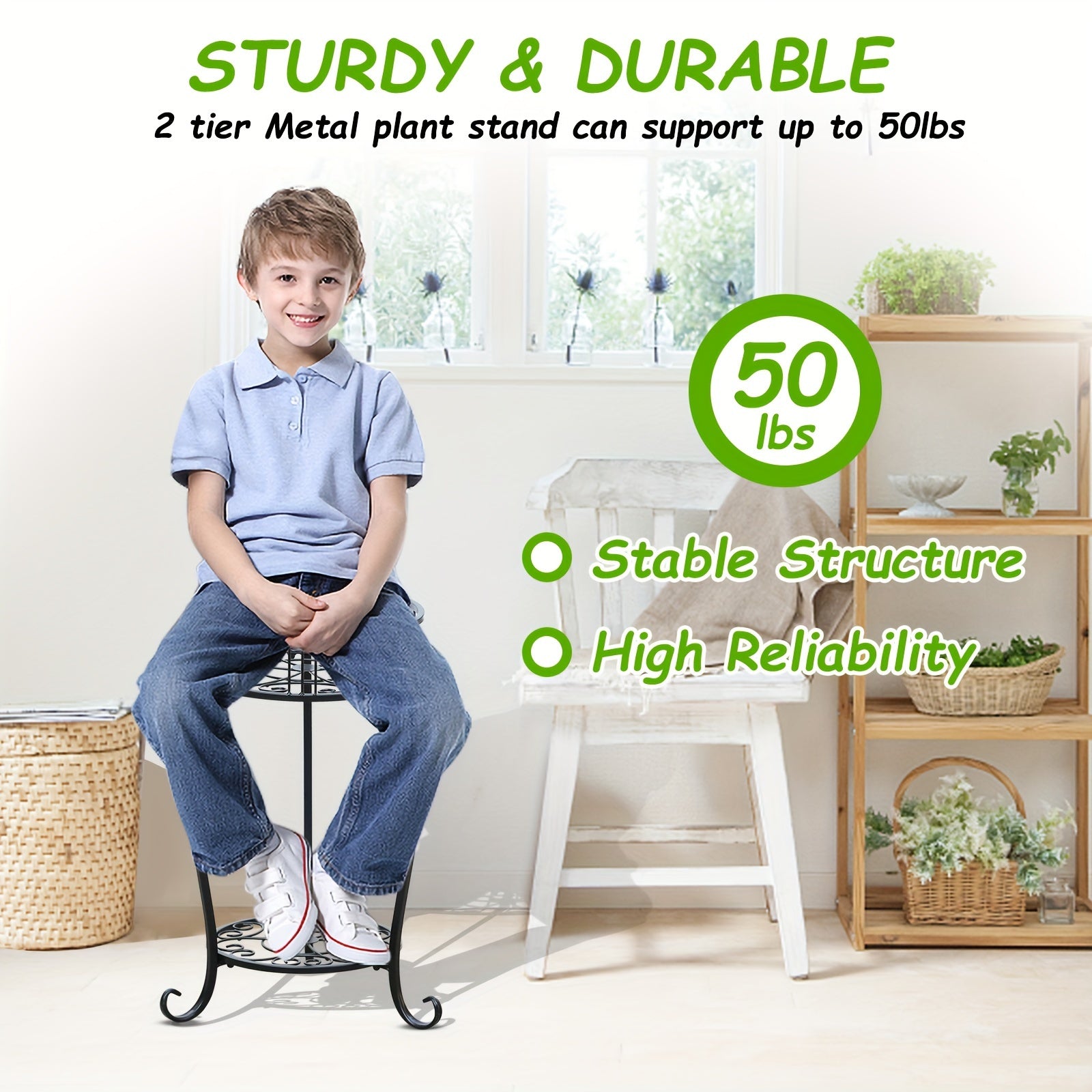 Potted Plant Stand 2 Tier Metal Flower Pot Stand Anti-Rust Heavy Duty Plant Holder Shelf for Home Indoor Outdoor (Patent Number: D966732)
