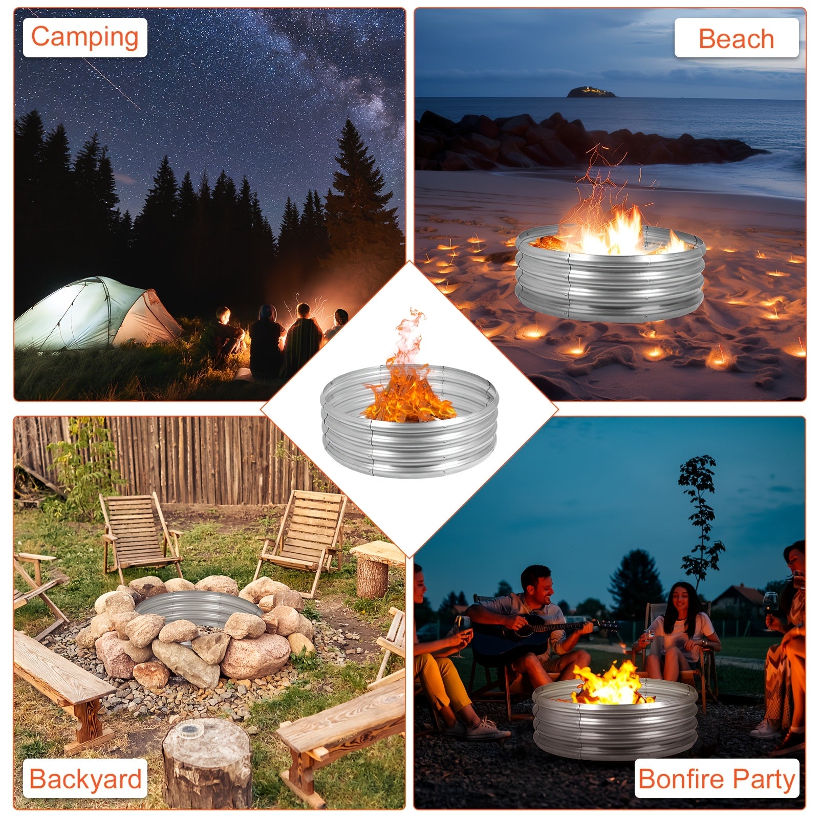 Galvanized Fire Pit Ring for Outside Wood Burning, Metal Firepit Liner for Above Ground Outdoor Camping Beach Backyard Park