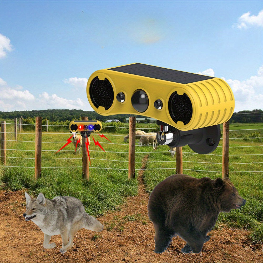 2025 Newest Solar Powered Soundwave Technology Animal Repeller - PIR Sensor and Red/ Blue Flashing Light, Multiple Sounds, Ideal for Repelling Squirrels, Dogs, Deer and More!