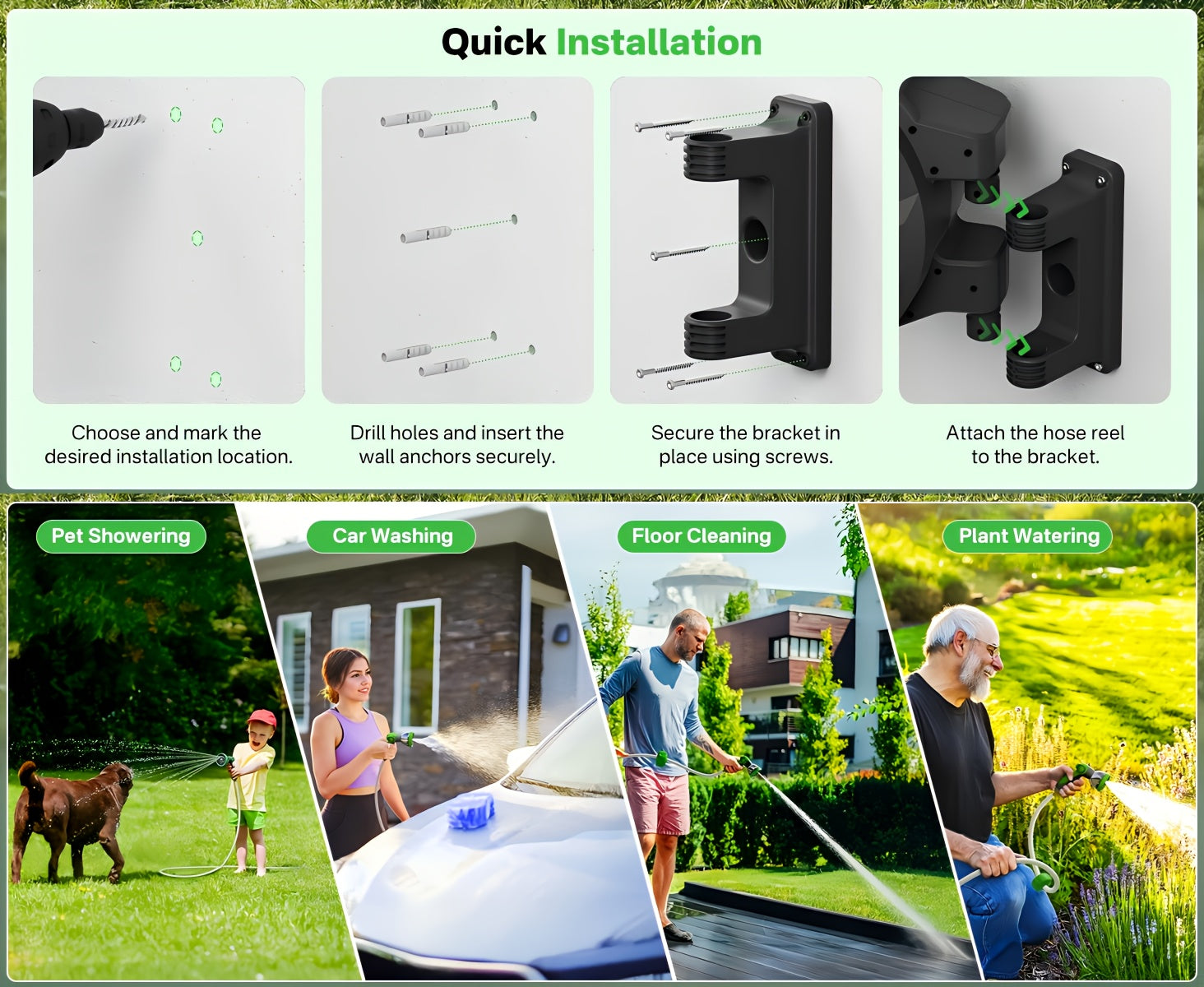 100ft/150ft Retractable Garden Hose Reel, Heavy-Duty Wall Mounted Water Hose with Any-Length Locking System, 10 Spray Modes Adjustable Nozzle, 180° Swivel Bracket, Auto Rewind for Gardening, Car Wash & Patio Cleaning.