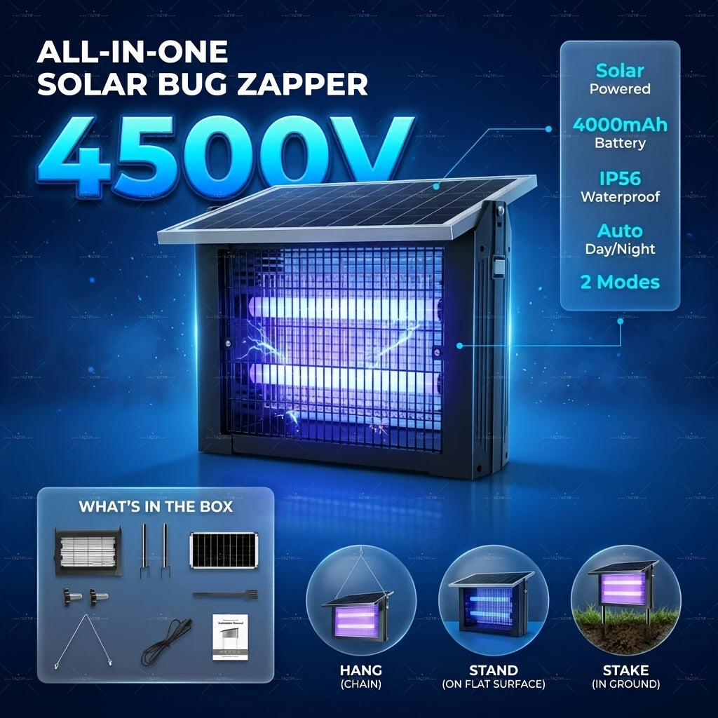 Powerful Large Solar Bug Zapper Outdoor for 2000Sq.ft, Poartable Rechargeable Mosquito Zapper with High Powered, IP56, 2 Modes, Cordless Solar Fly Zapper for Patio Garden Backyard RV Camping Pond Pest Control