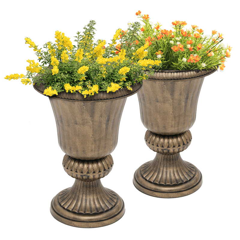 20" Urn Planters for Outdoor Plants, Large Decorative Front Porch Planters Set of 2, Tall Plastic Flower Pots for Garden, Patio & Entryway Dcor, Antique Brass
