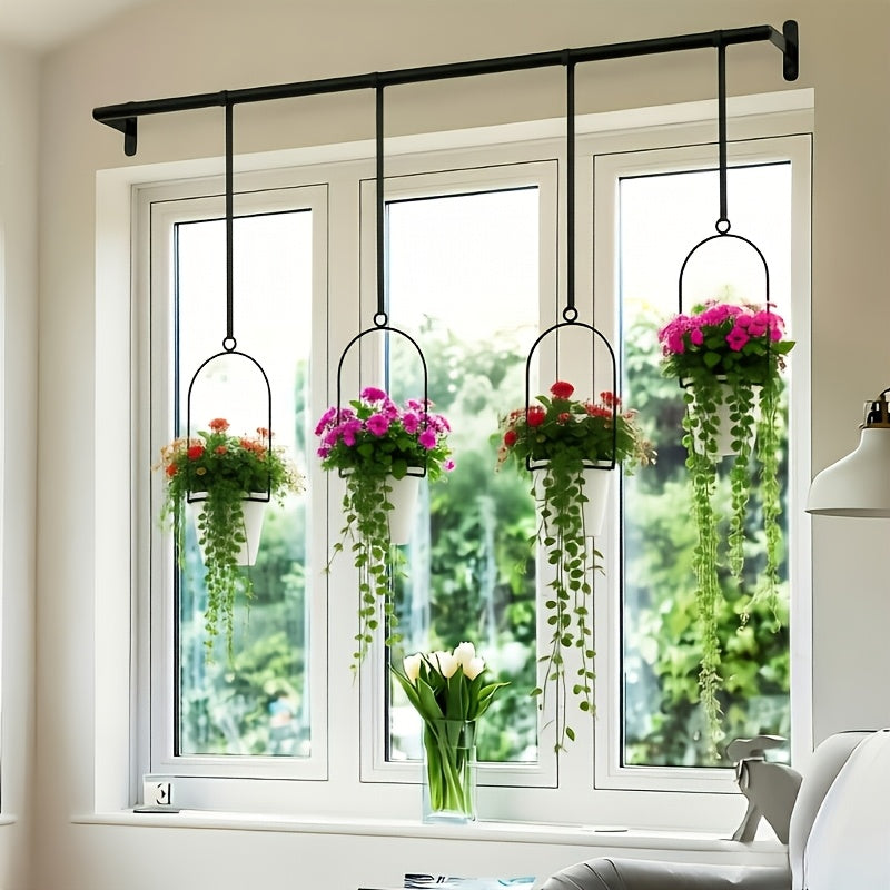 1 Set of Metal Adjustable Hanging Flower Pots, Attached 4 Plastic Flower Pots, Indoor Windows and Ceiling Herb Garden Tracks, Wall Plant Hanger with Nylon Rope, 11.8 Inches-18.1 Inch Wide Expandable Kitchen Drawer Rack, Kitchen Slide-out Storage Rack