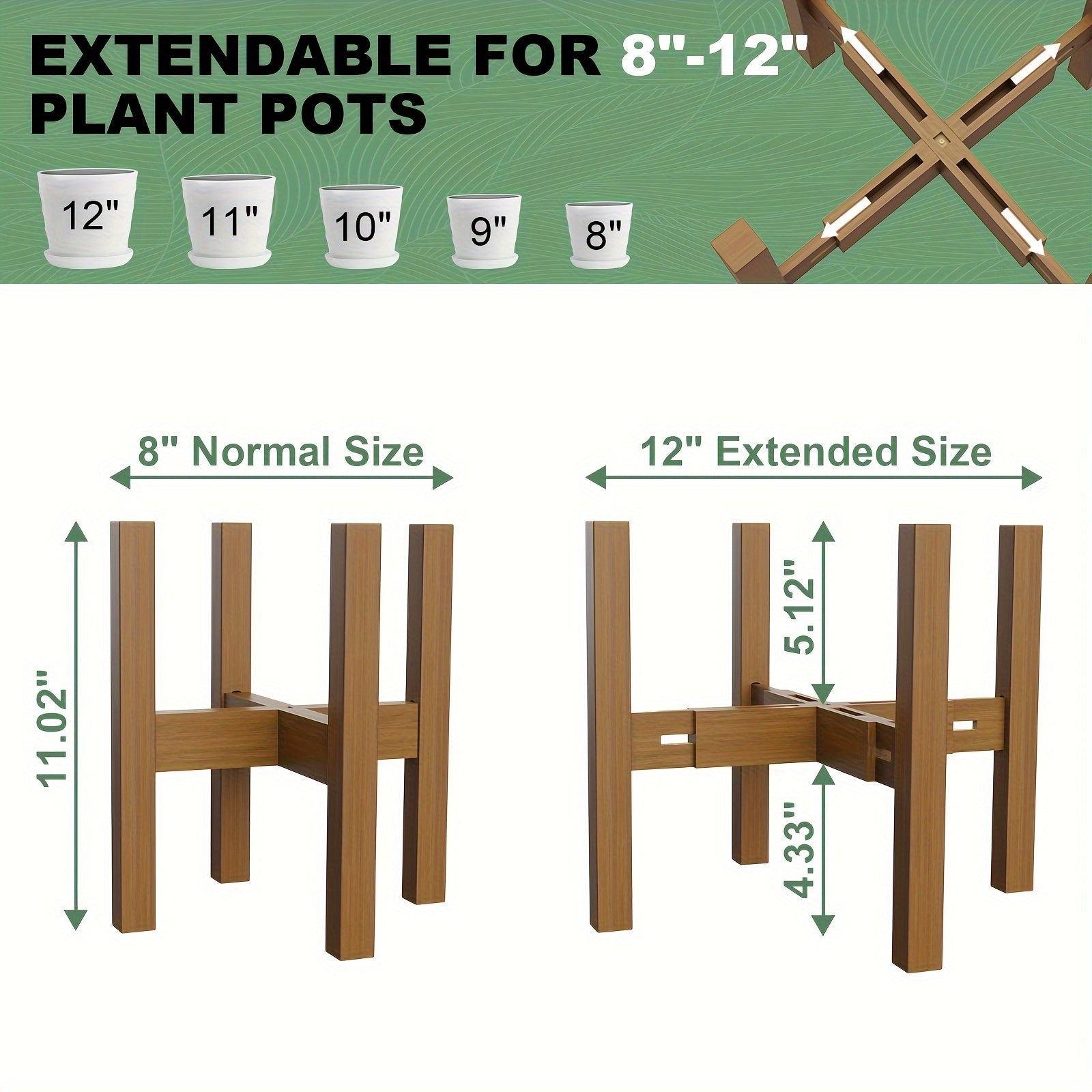 Adjustable Plant Stand Indoor & Outdoor, Modern Bamboo Plant Stand Mid Century Corner Plant Stands Stable Flower Stand For 8-12 Inches Plant Pot