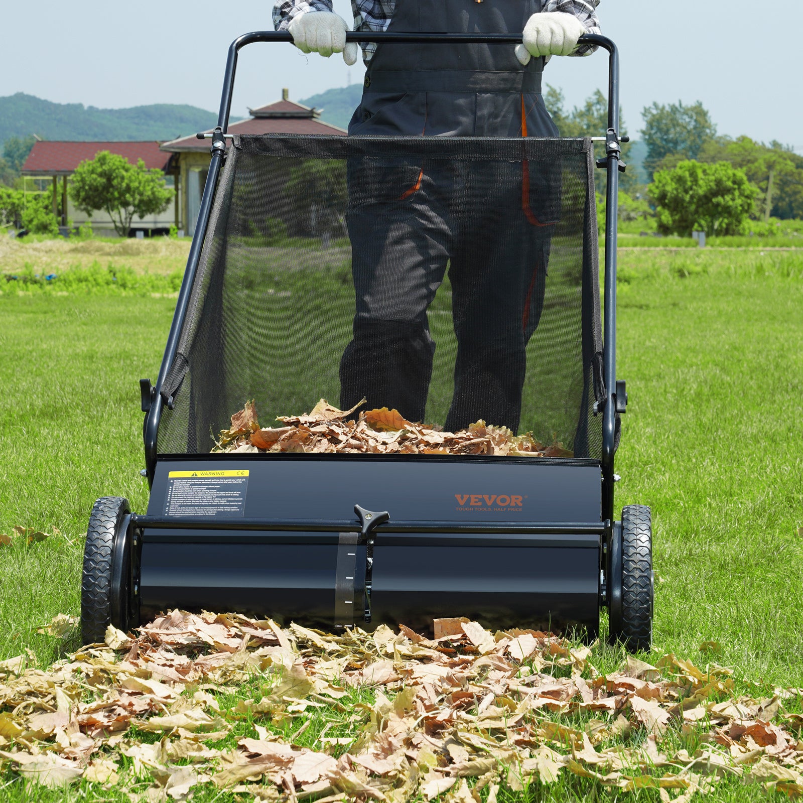 VEVOR Push Lawn Sweeper, 21-inch Leaf & Grass Collector, Strong Rubber Wheels & Heavy Duty Thickened Steel Durable to Use with Large Capacity 3.5 cu. ft. Mesh Collection Bag, 2 Spinning Brushes