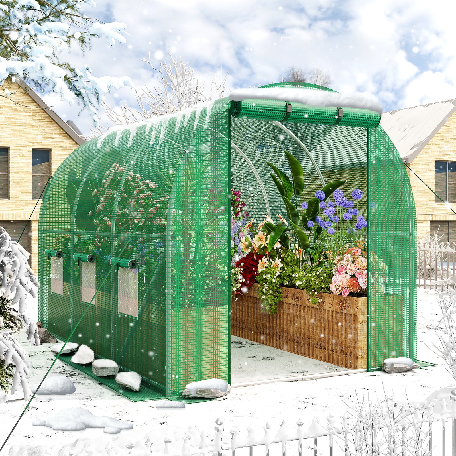 Whonline 1pc Greenhouse for Outdoors, Mini Portable Flower Garden Plant Kit Outside, Heavy Duty 4 Tiers Steel Frame and Durable Cover, For Halloween and Christmas