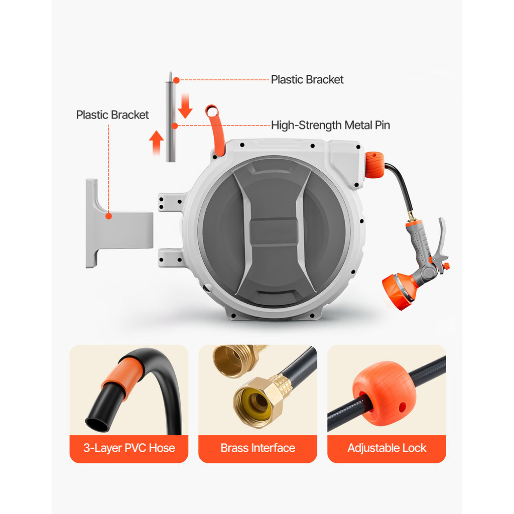 VEVOR Retractable Garden Hose Reel, 1/2 inch / 5/8 Inch x 65ft / 85ft / 100ft Wall Mounted, Heavy Duty with 9-Pattern Nozzle, Adjustable Length Lock, Upgraded Slow Return System & 180° Swivel Bracket