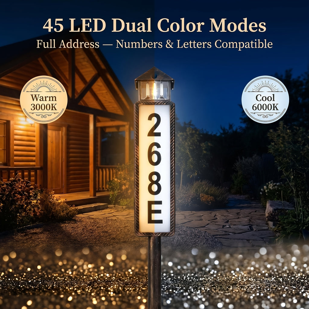 Solar Powered Address Sign with 3 Color Modes, IP44 LED Illuminated House Numbers for Outside, Yard, Apartment, Street - Easy to Install