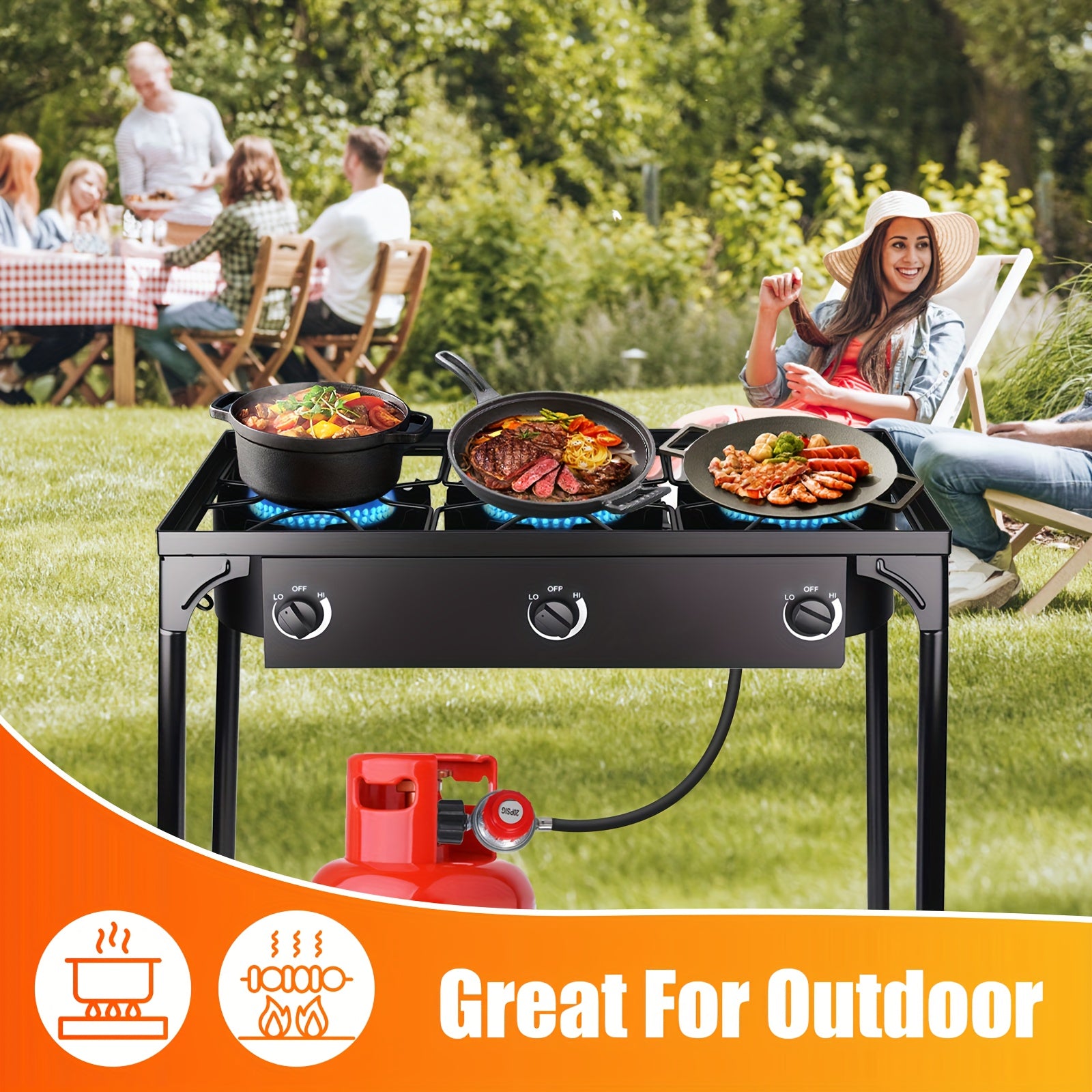 Outdoor Stove with 1 Burner & 3 Burner Options, High Pressure Propane Stove with Detachable Legs for Camping Patio Cooking, Outdoor Propane Stove, 3 Burner Propane Stove, Propane Burners for Outdoor Cooking