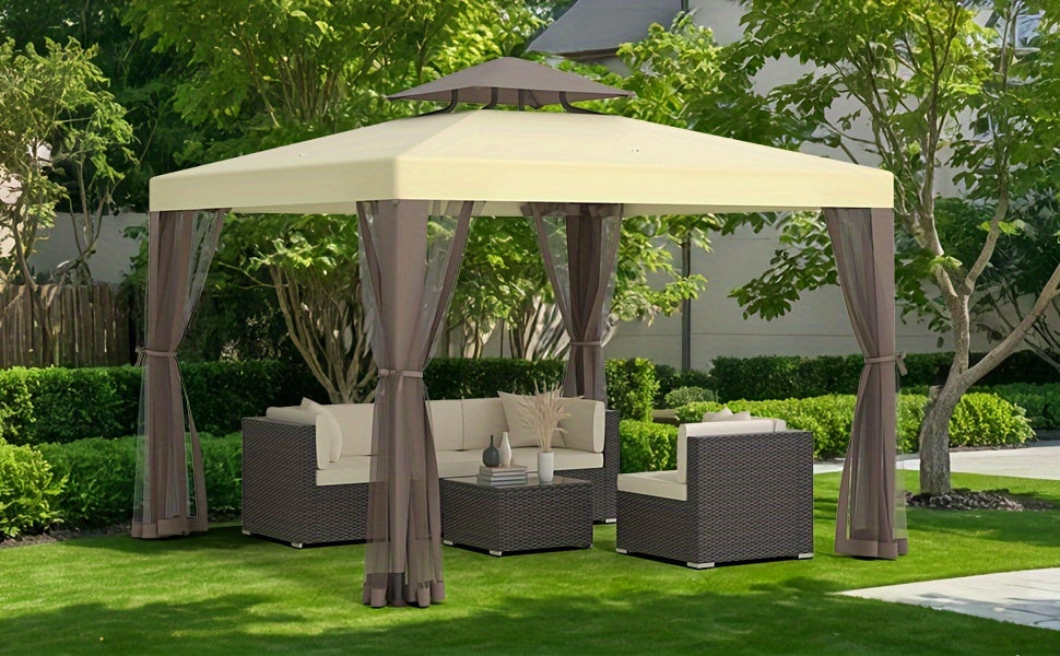 Outdoor Gazebo, 10x10 Patio Gazebo Waterproof Canopy Tent UV-Resistant 2-Tier Top Sturdy Canopy Tent for Camping with Mosquito Netting for Garden Patio Backyard