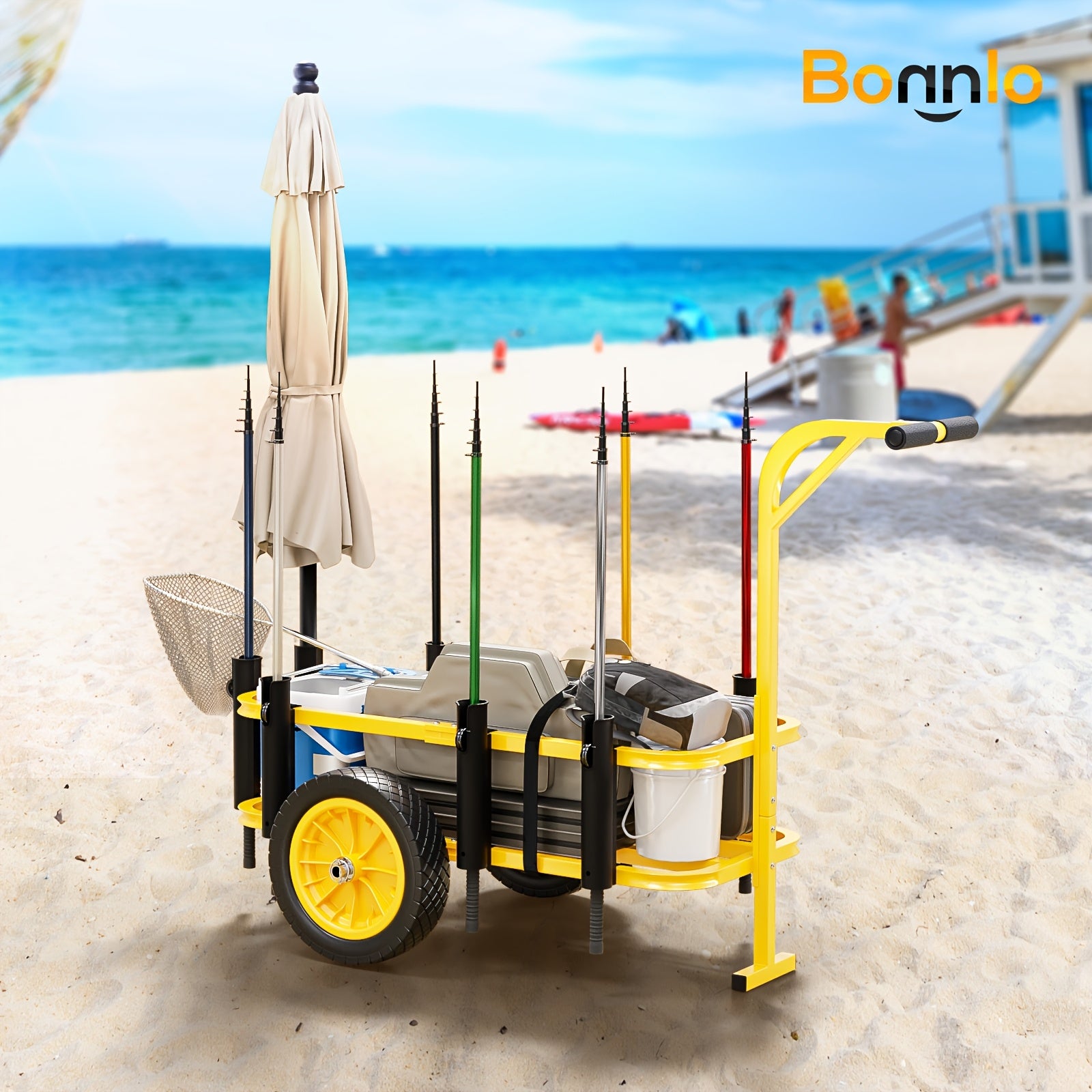 Outdoor Fishing Cart, Sturdy Steel Frame, with 12" PU Wheels, 7 Fishing Rod Tubes, Large Capacity, for Beach, Surfing, Kayak, Yellow, 1pc