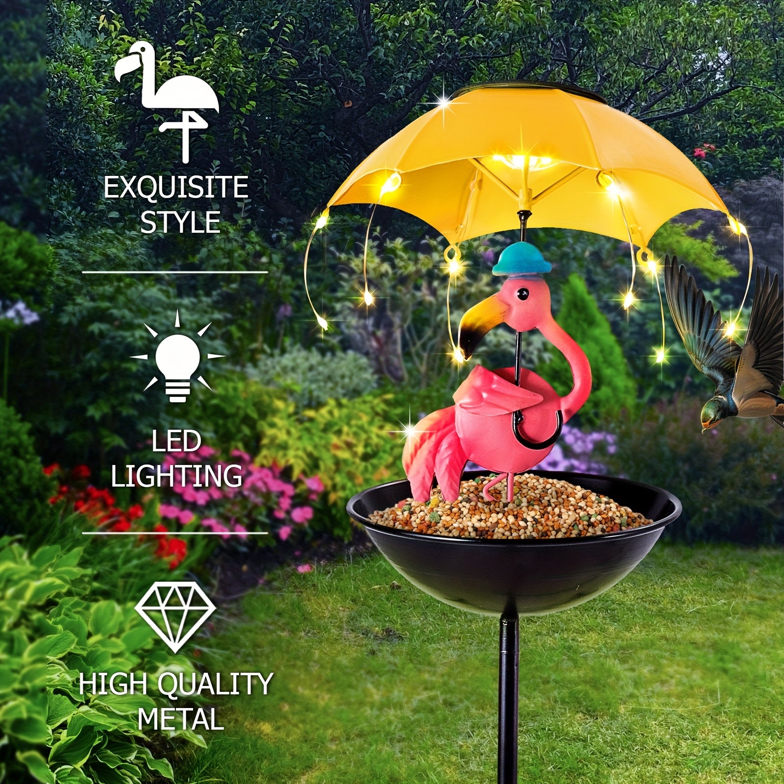 Outdoor Iron Statue Light, Garden Decoration Simulated Animal Solar Light with Bee And Flamingo with Hummingbird Feeder Function, Mother's Day, Thanksgiving Day, Gift for Yard, Lawn, Patio, Garden